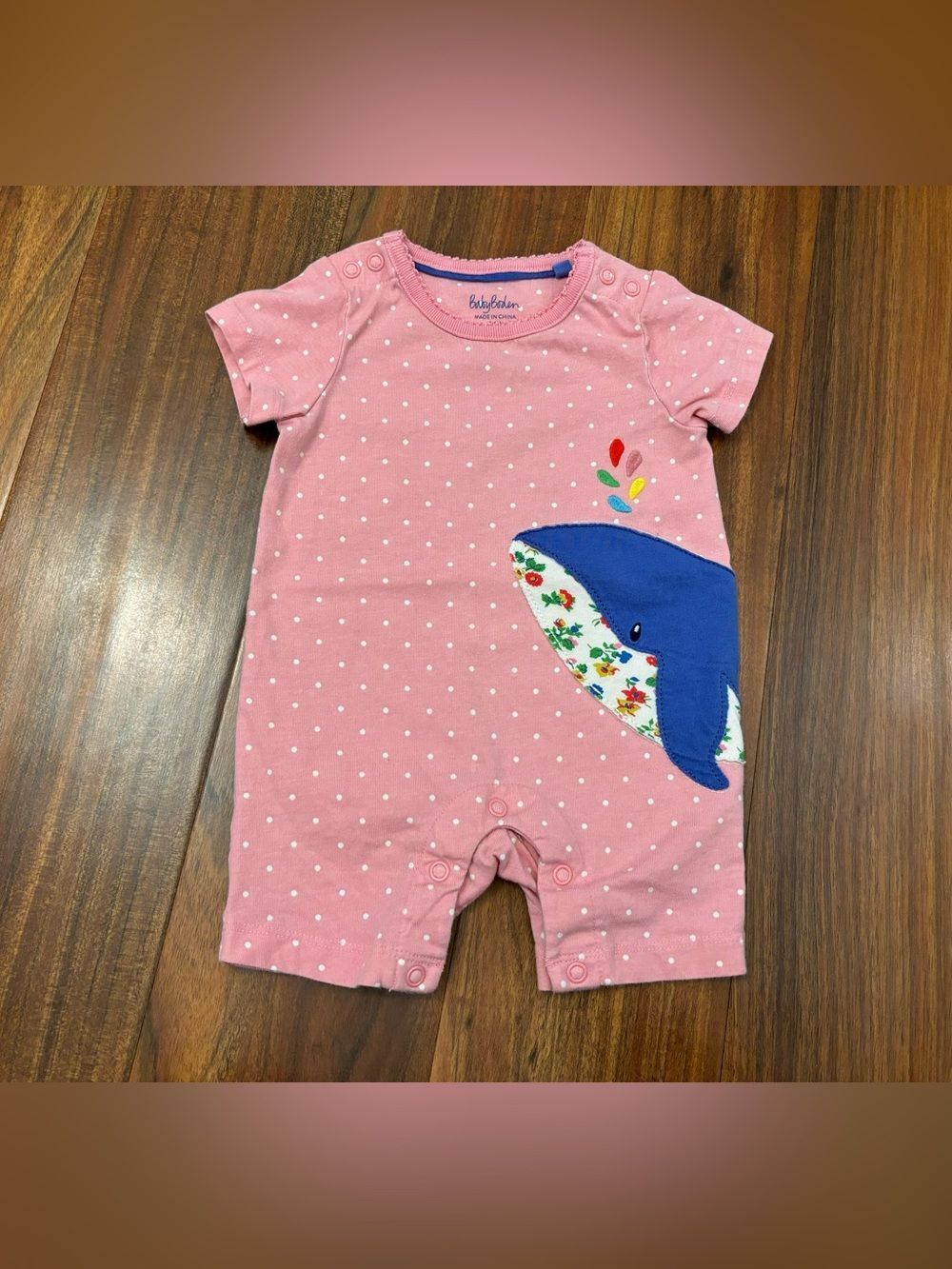 Baby Boden pink polka dot short sleeve romper with whale appliqué
